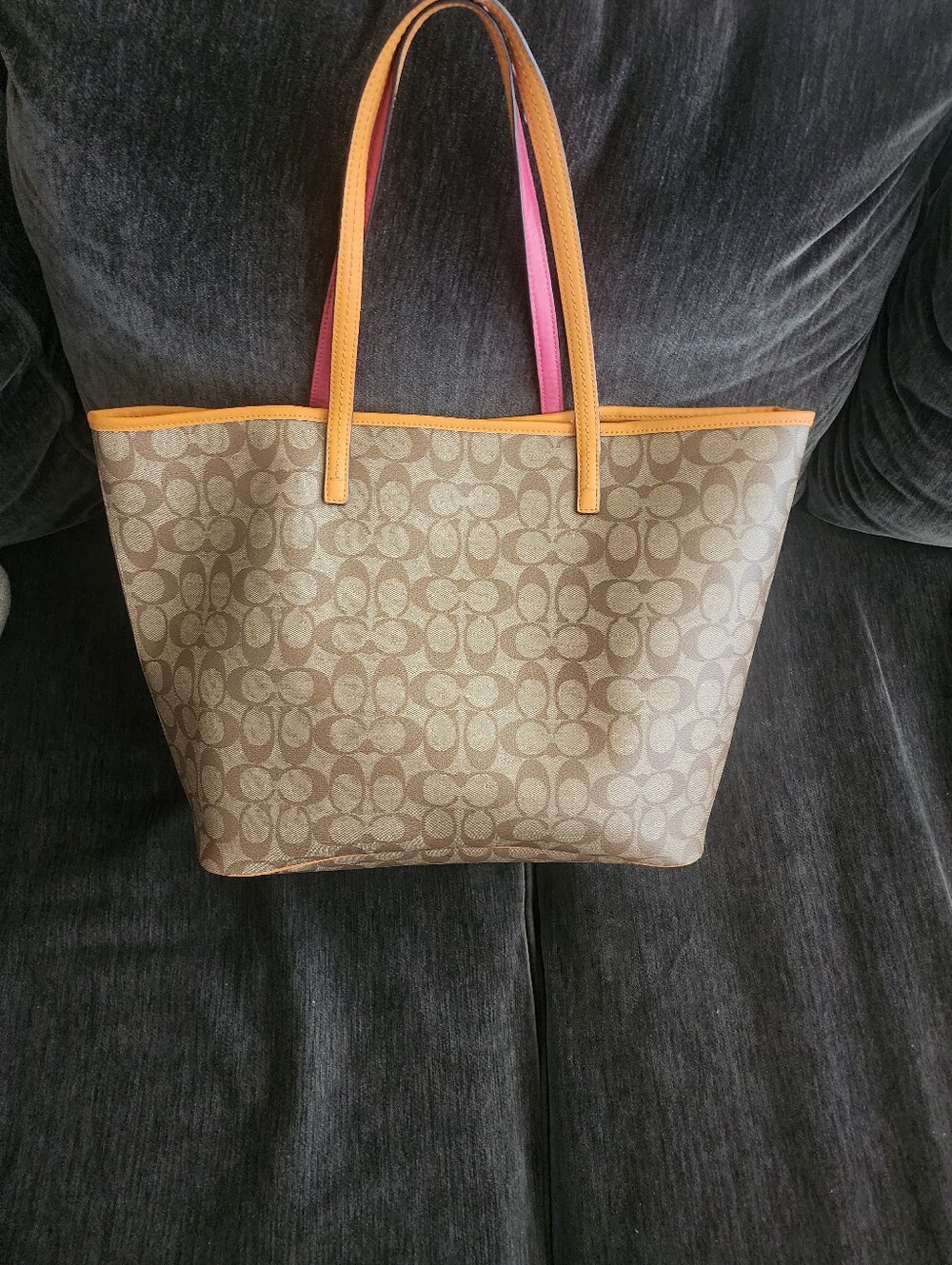 COACH Tan Signature Canvas Tote with Orange Trim and Pink Handles - Picture 3 of 11